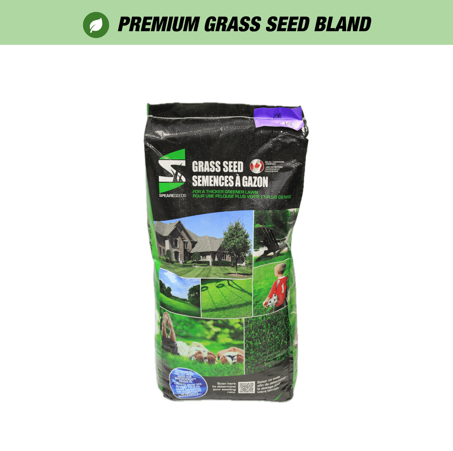A black bag of premium grass seed blend, labeled in English and French, with images of lush green lawns and a family enjoying their backyard. The top of the bag has a purple seal and the front shows various lawn and garden scenes.