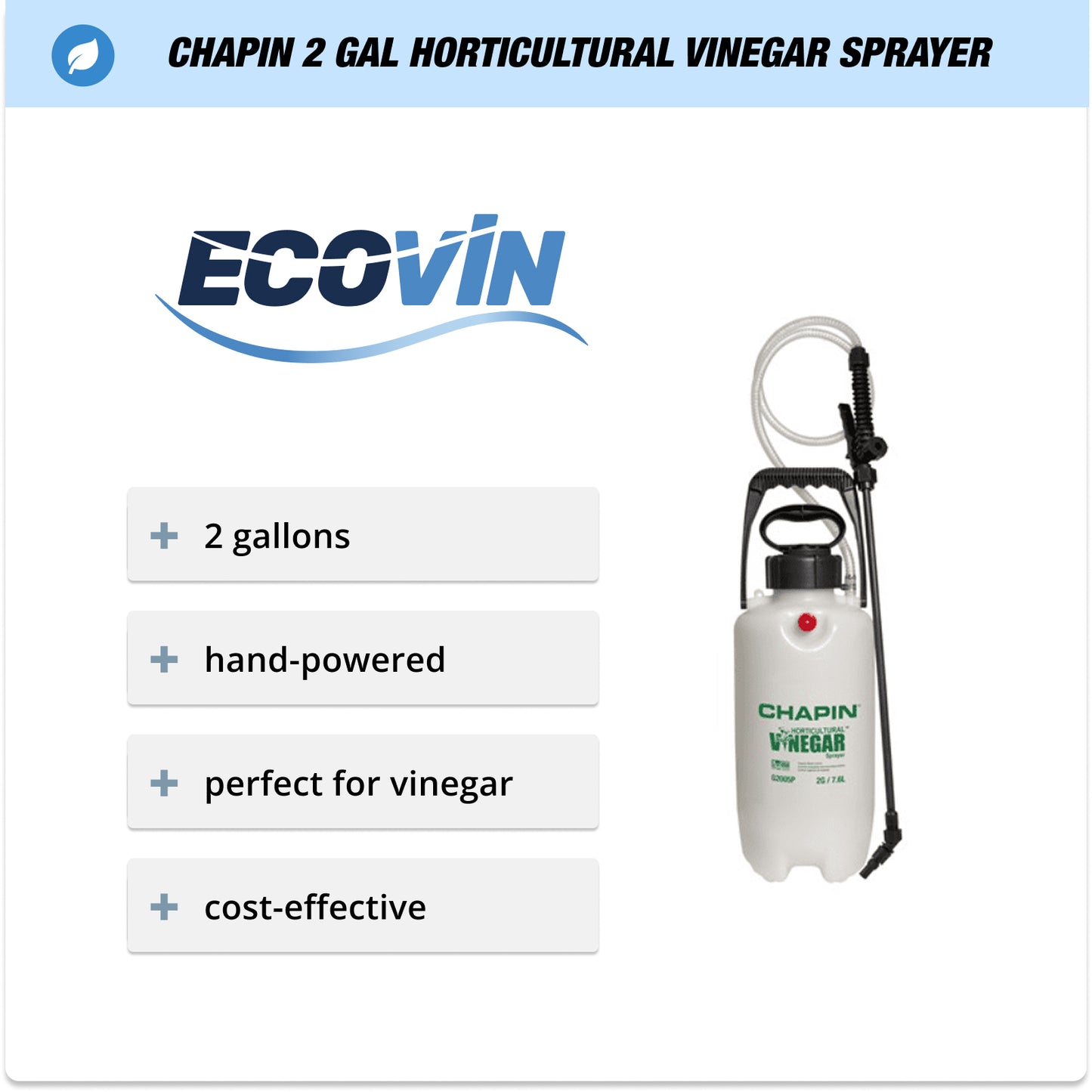 Chapin 2‑gallon hand‑powered sprayer branded for vinegar use; labeled features: 2 gal capacity, perfect for EcoVin, cost‑effective.