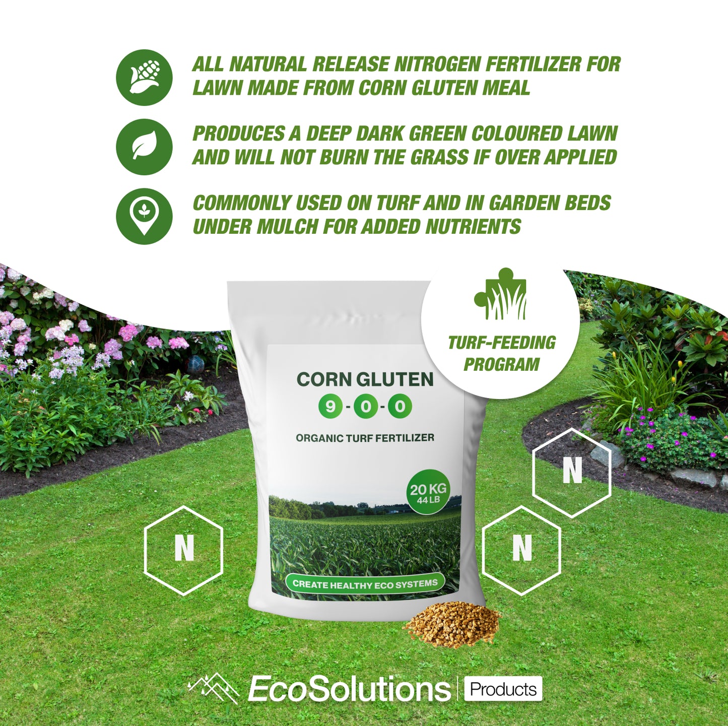 Corn Gluten 9‑0‑0 bag on lawn with icons: natural nitrogen, deep‑green turf color, safe application, turf‑feeding program.