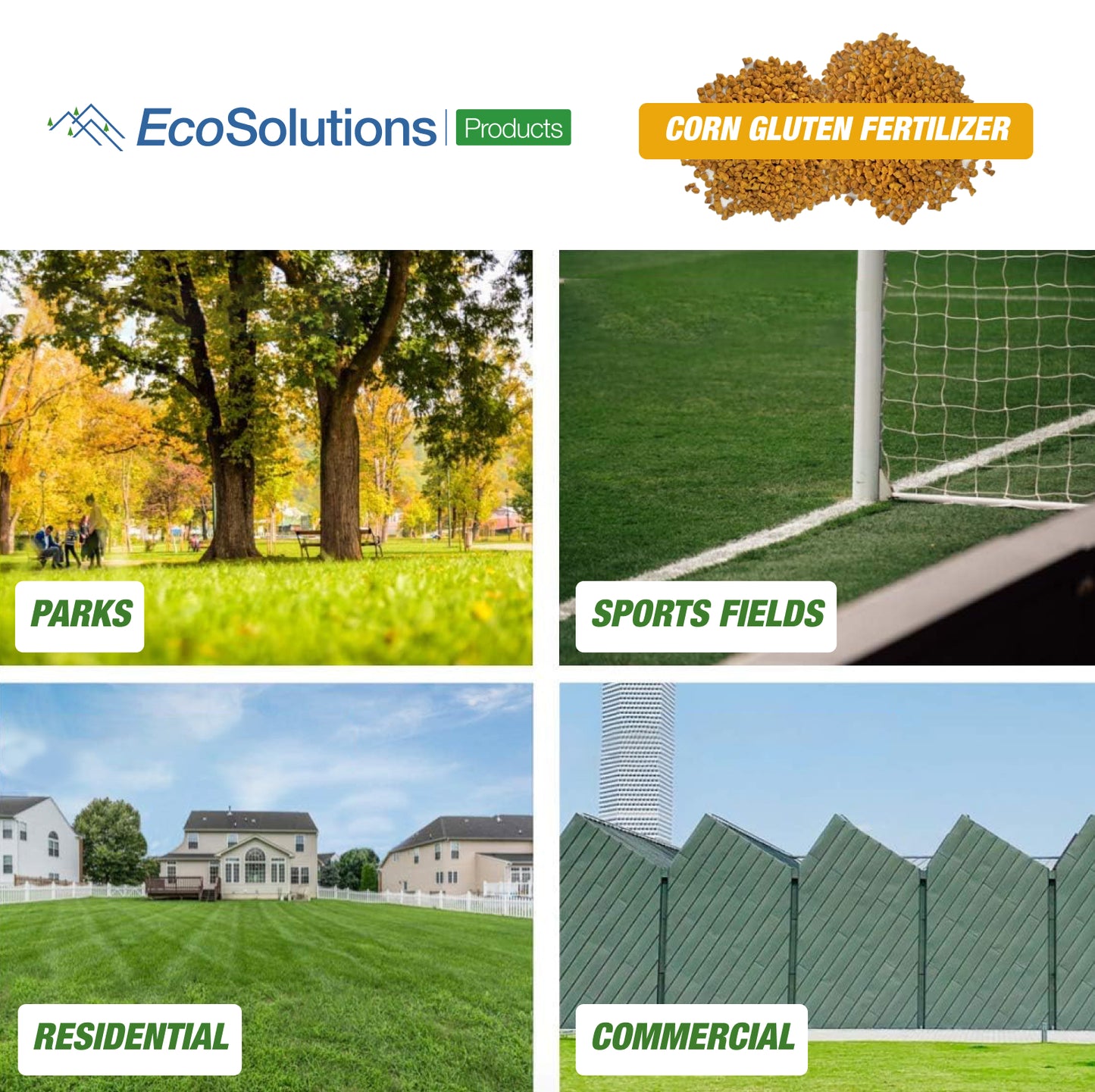 EcoSolutions Corn Gluten fertilizer pictured with four application scenes: park, sports field, residential lawn, and commercial greenspace.