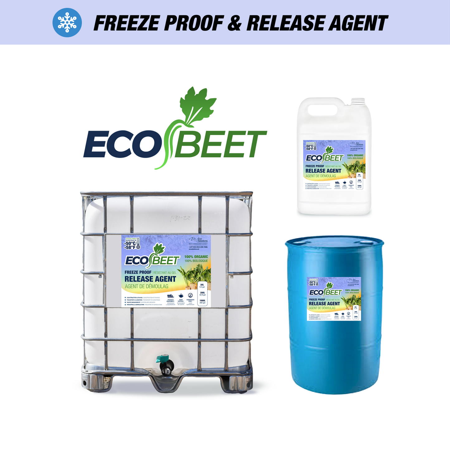 EcoBeet freeze‑proof release agent shown in three sizes: 1,000 L tote, 205 L blue drum, and 20 L jug—organic beet‑based formula.