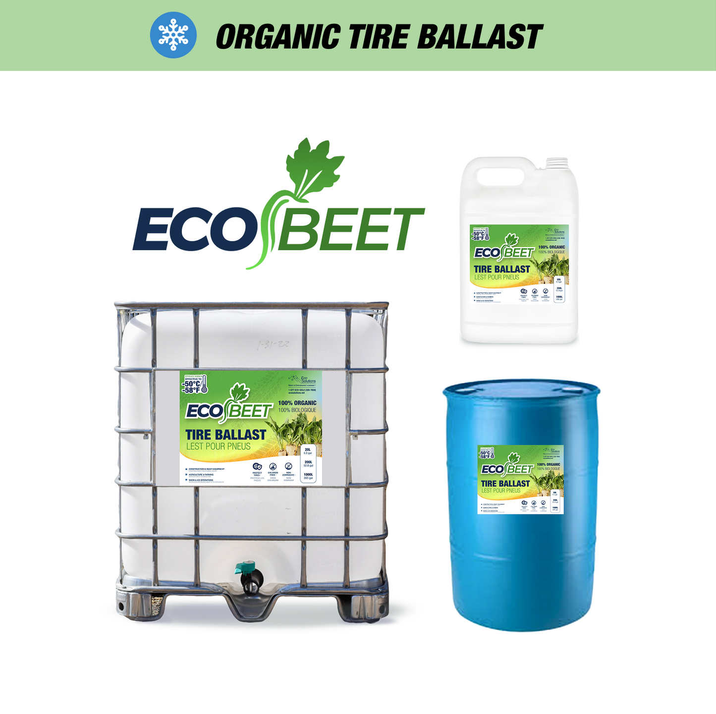 EcoBeet organic tire ballast lineup: 1 000 L tote, 205 L blue drum, and 20 L jug—non‑corrosive beet‑based liquid weight for tractor tyres.