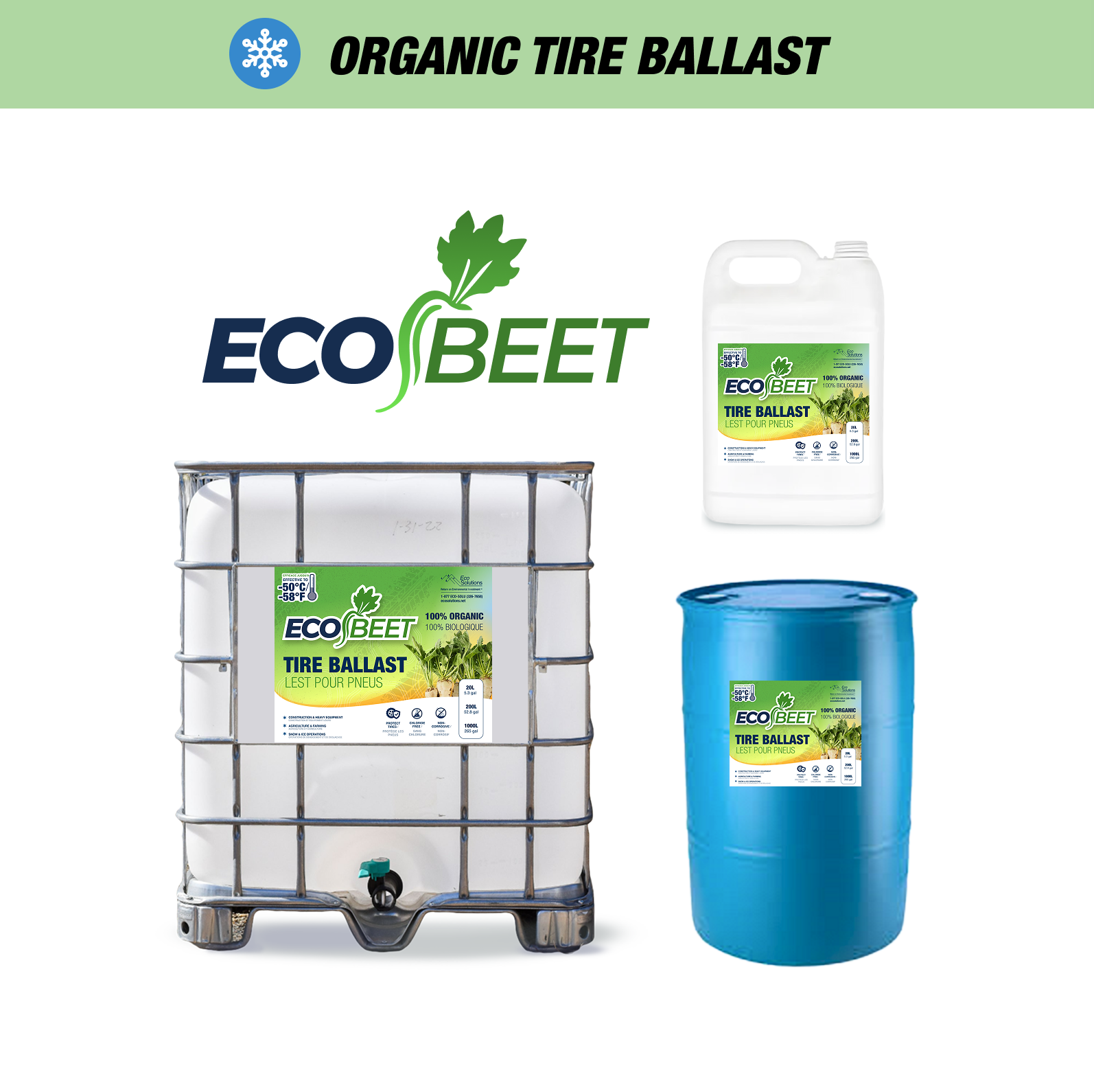 EcoBeet organic tire ballast lineup: 1 000 L tote, 205 L blue drum, and 20 L jug—non‑corrosive beet‑based liquid weight for tractor tyres.