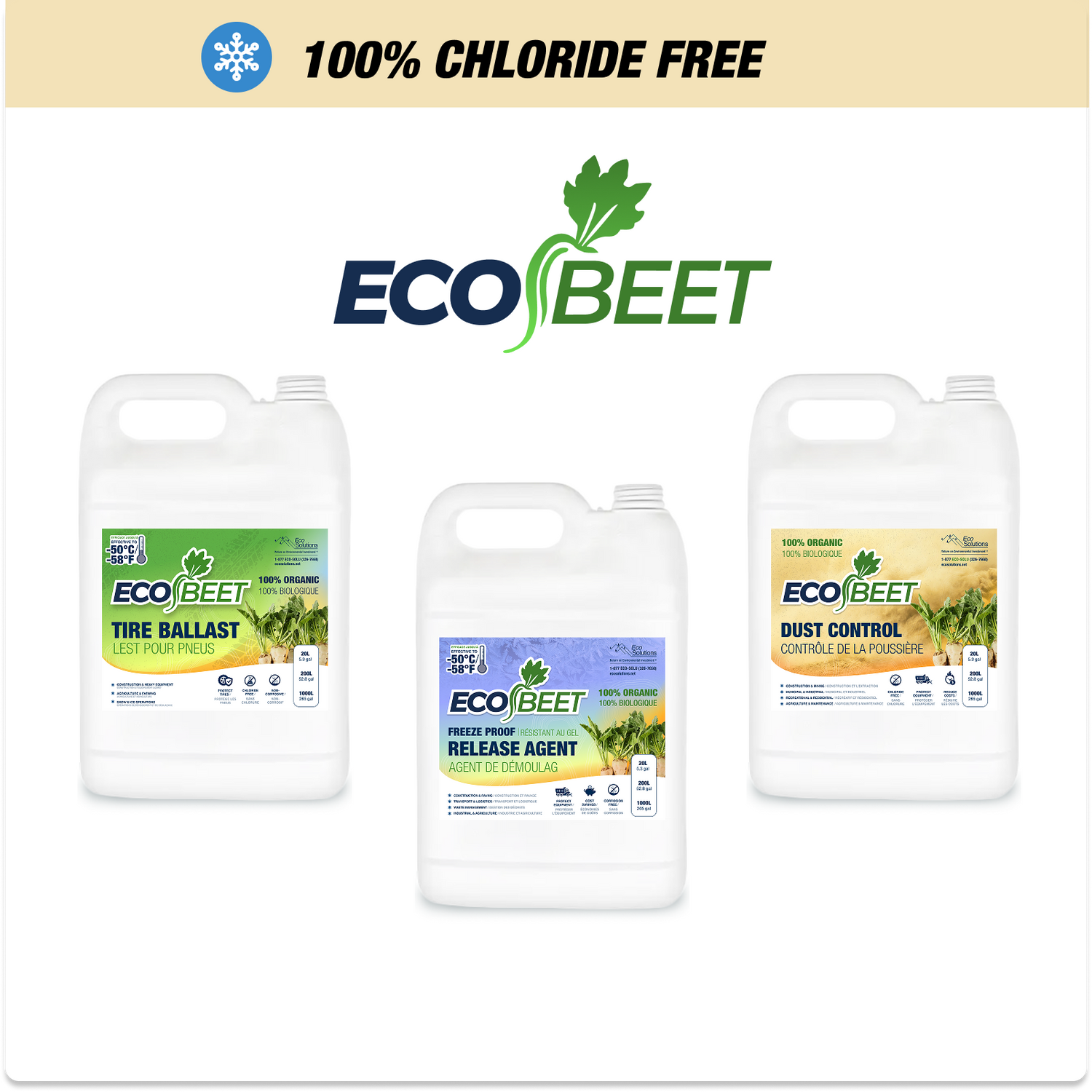 EcoBeet 4 L jugs: tire ballast, release agent, and dust control. 100% organic, chloride-free, effective down to −50 °C / −58 °F.