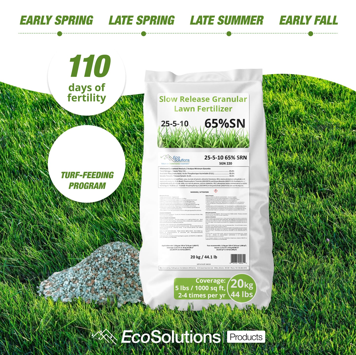 EcoSolutions 25‑5‑10 slow‑release fertilizer bag on lawn; 110‑day turf‑feeding program with early spring to early fall schedule.