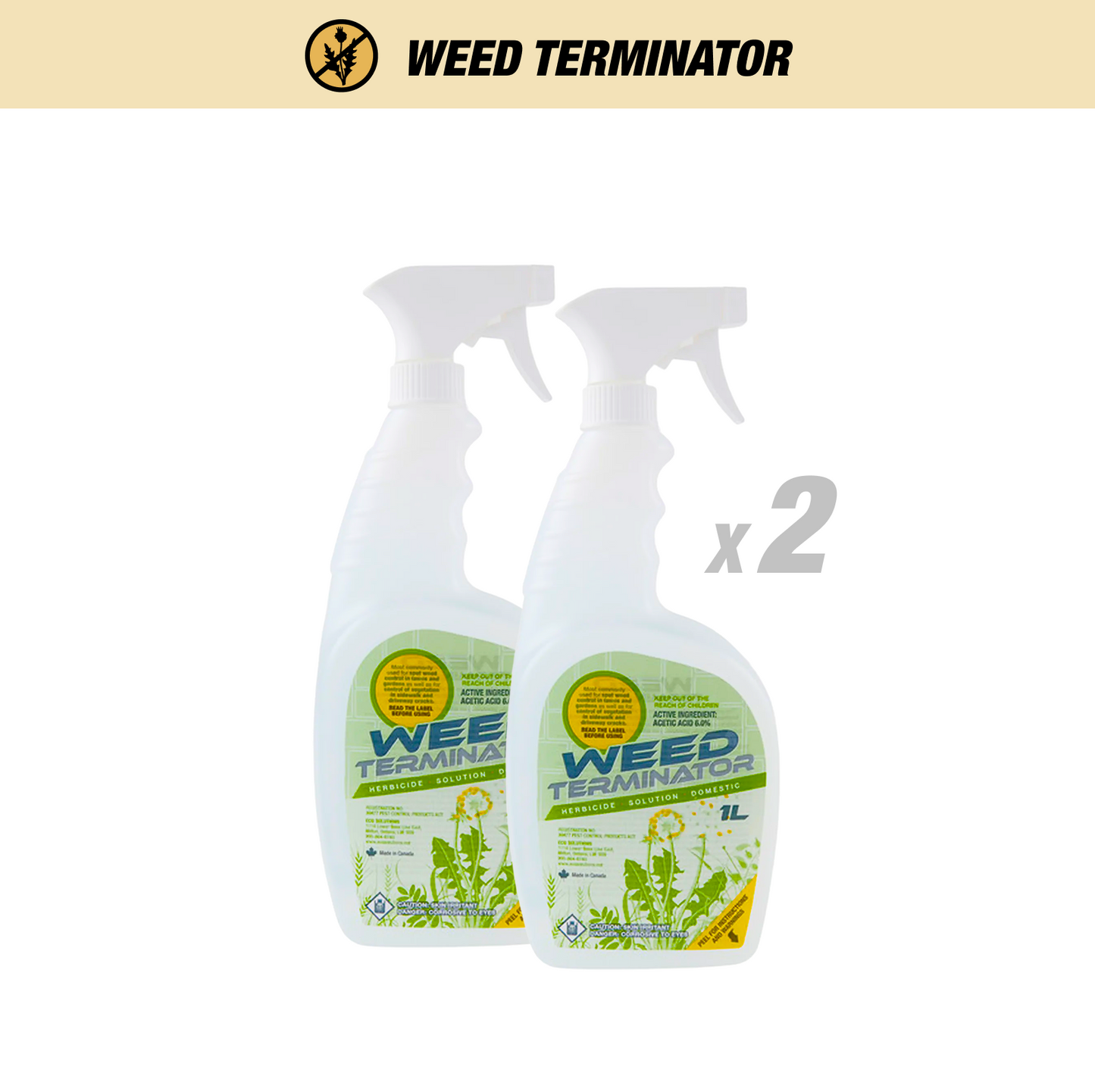 Bundle of two 1 L Weed Terminator vinegar herbicide spray bottles shown as a value 4‑pack.