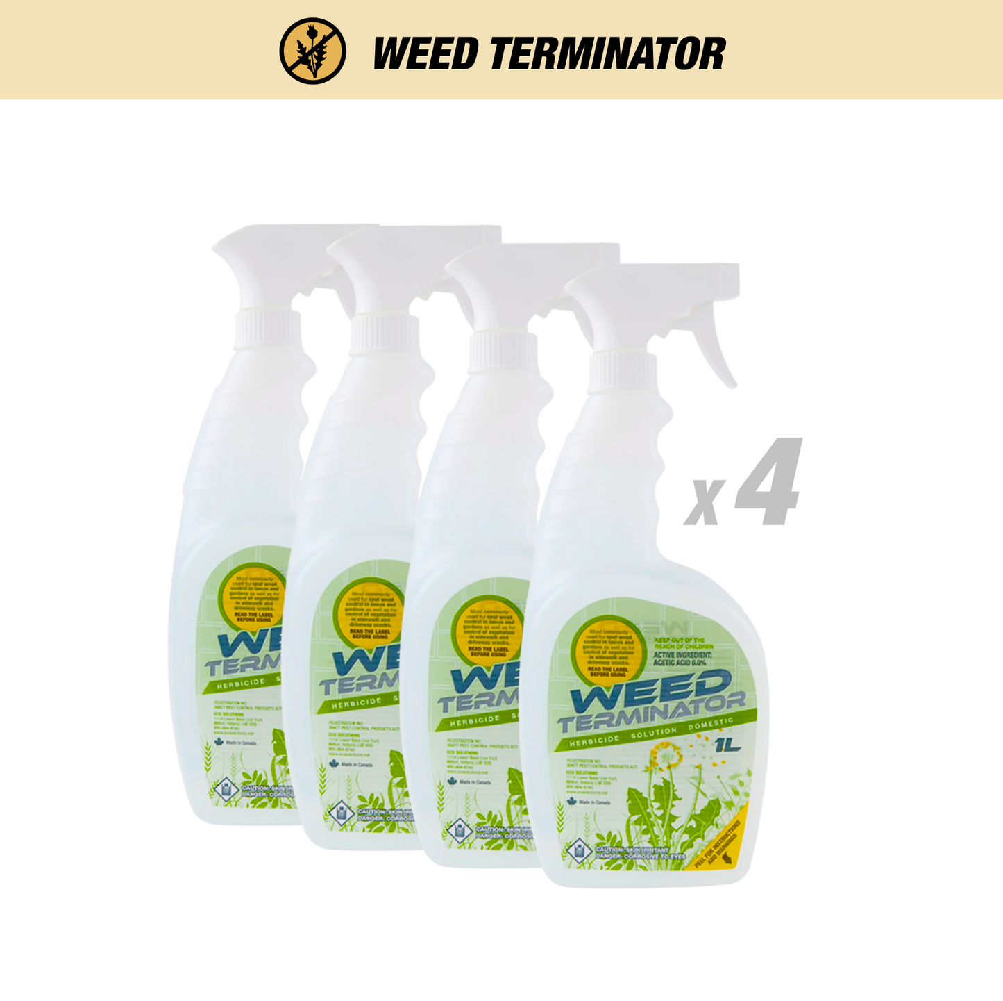Bundle of four 1 L Weed Terminator vinegar herbicide spray bottles shown as a value 4‑pack.