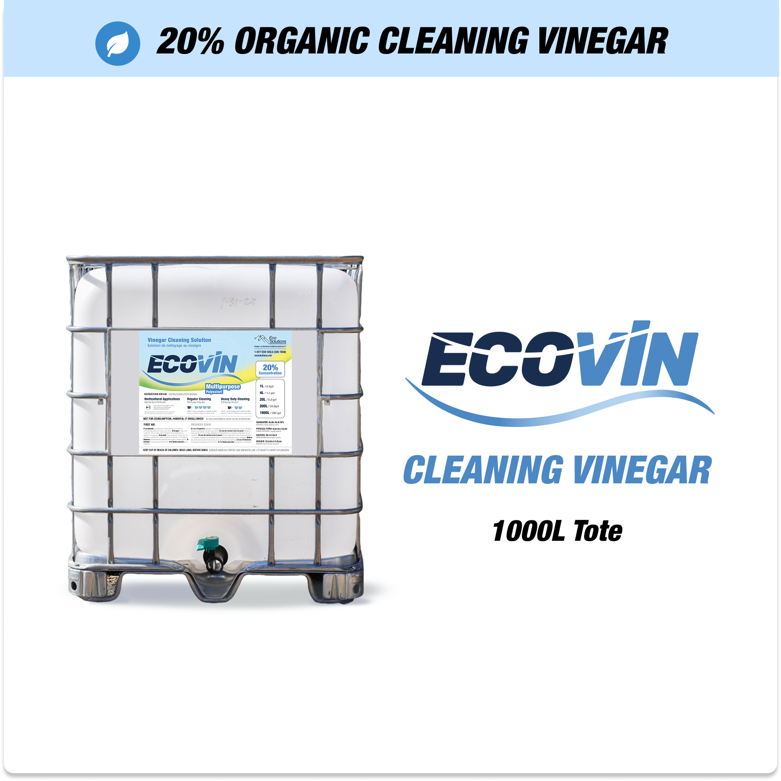 EcoVin organic cleaning vinegar in a 1000L tote with a label.