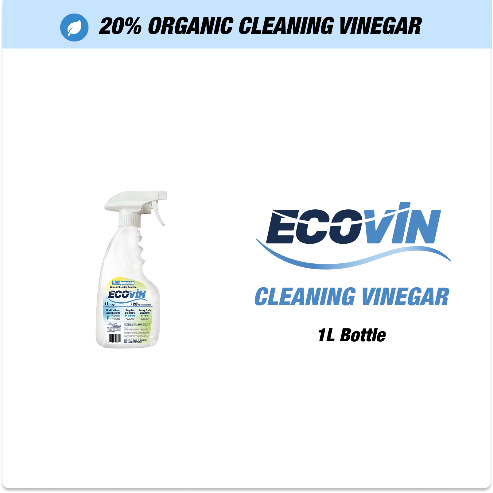 EcoVin organic cleaning vinegar in a 1L sprayer bottle with a label.