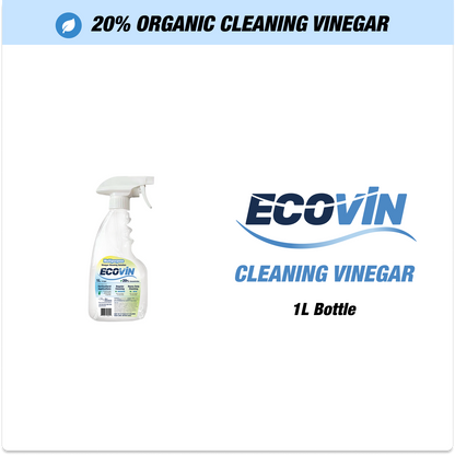 EcoVin organic cleaning vinegar in a 1L sprayer bottle with a label.