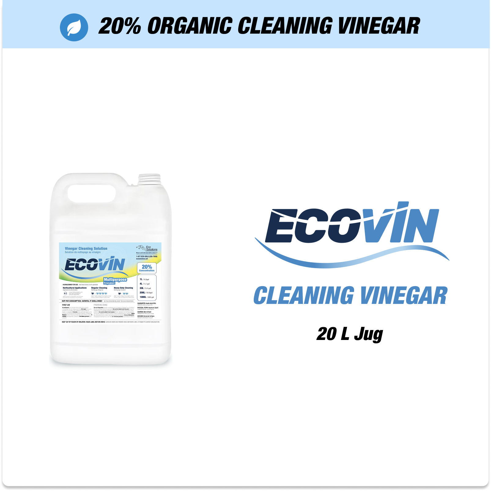 EcoVin organic cleaning vinegar in a 20L jug with a label.
