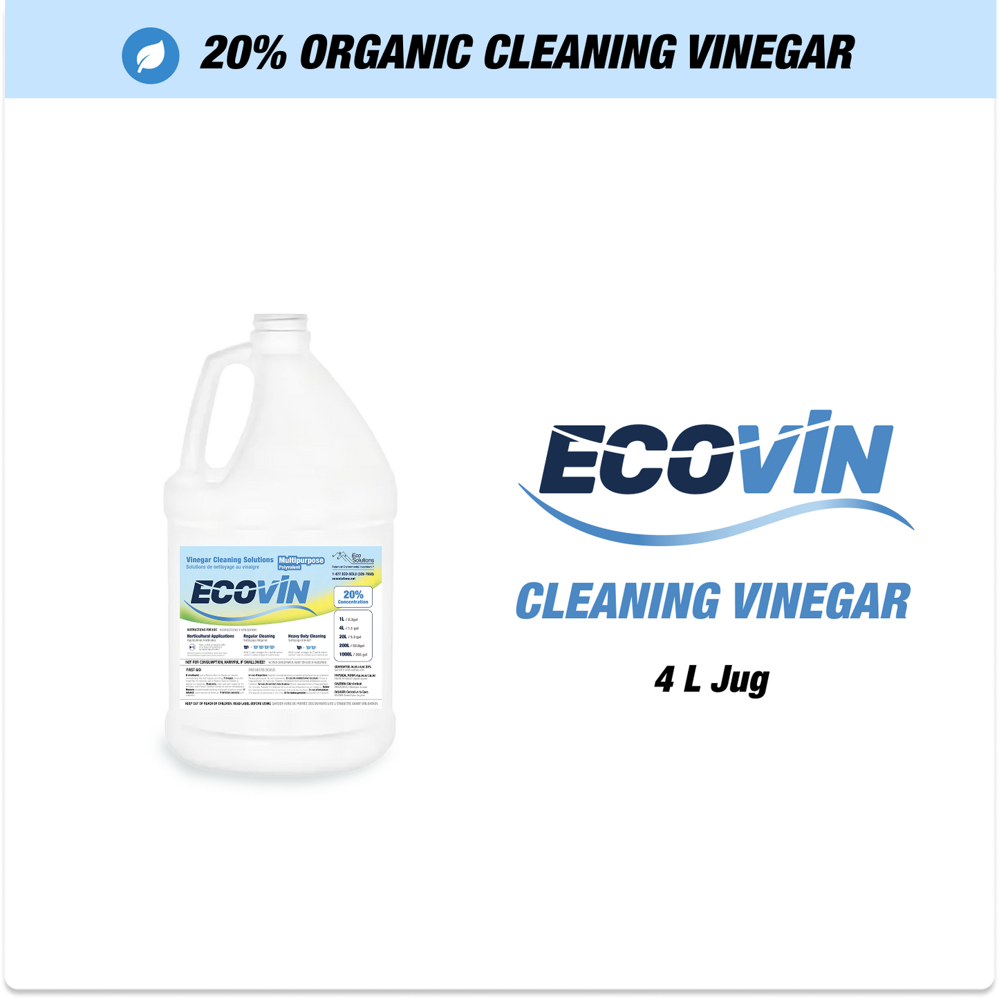 EcoVin organic cleaning vinegar in a 4L jug with a label.