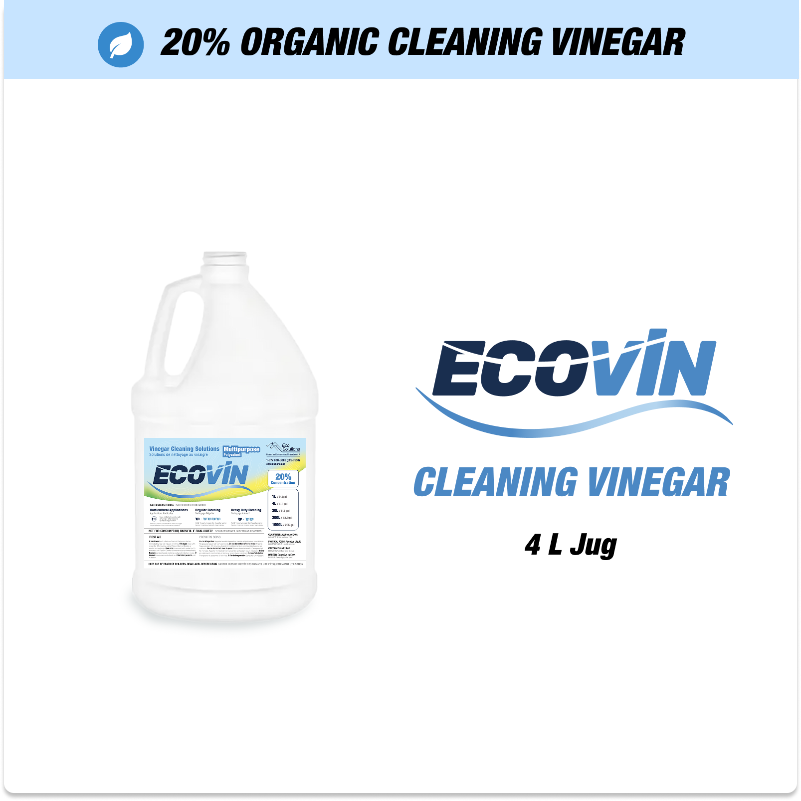 EcoVin organic cleaning vinegar in a 4L jug with a label.