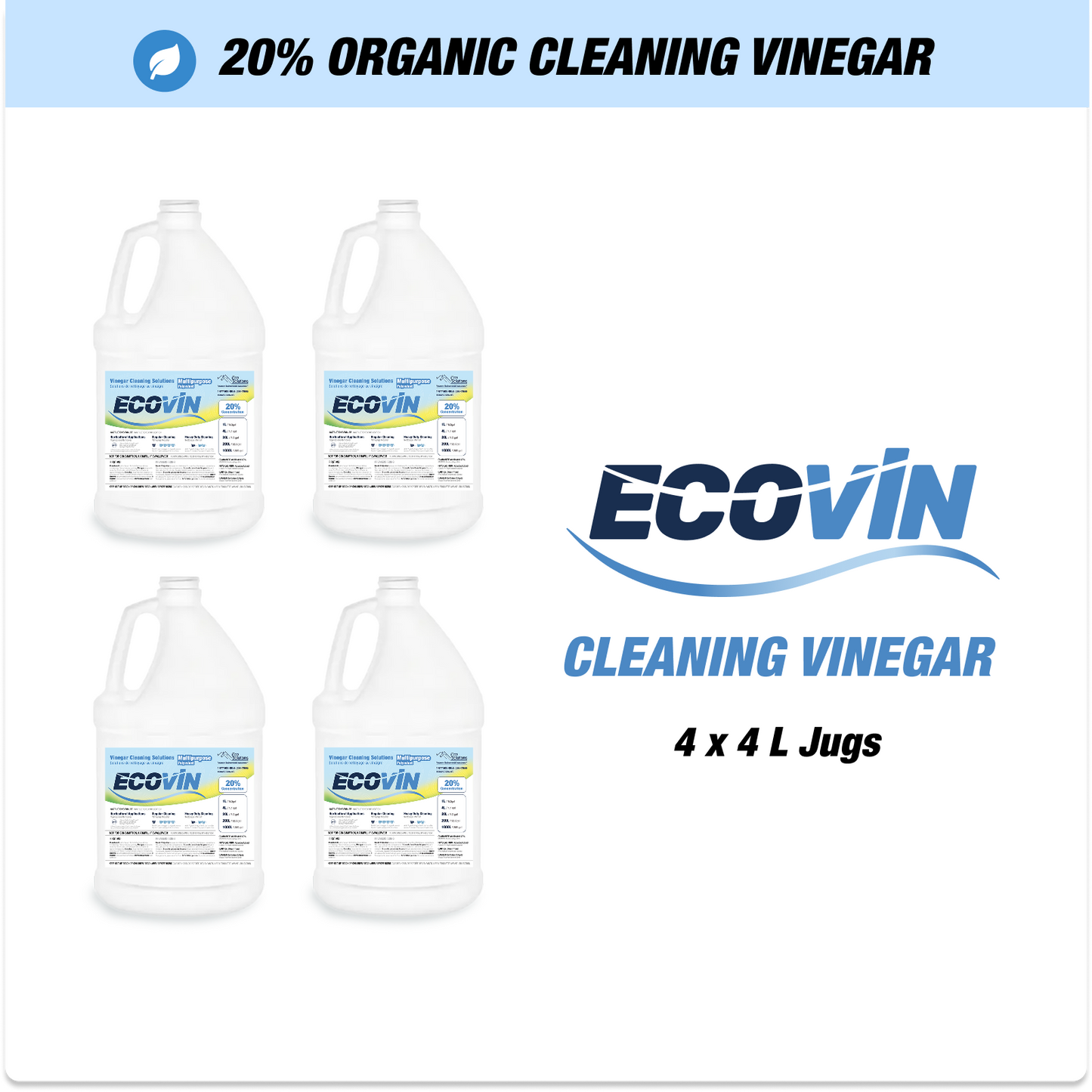 EcoVin organic cleaning vinegar in four 4L jugs with labels.