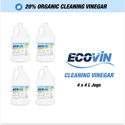 EcoVin organic cleaning vinegar in four 4L jugs with labels.