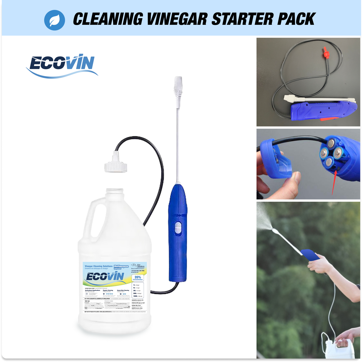 Ecovin Cleaning Vinegar Starter Pack, showing a 1-gallon jug of cleaning vinegar with a spray wand attachment. Includes close-ups of the wand’s battery compartment and images of the sprayer in use.