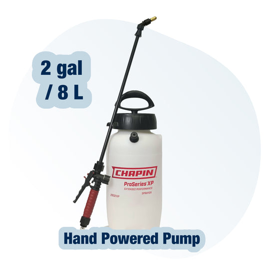 Chapin ProSeries XP 2‑gallon / 8 L hand‑powered pump sprayer with long wand and brass nozzle, ideal for garden applications.
