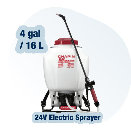 Chapin 24‑V rechargeable backpack sprayer, 4 gal / 16 L, with spray wand and red padded straps for effortless spraying