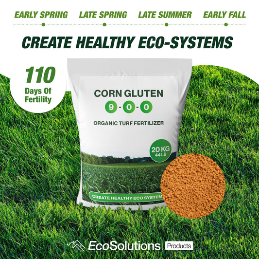 EcoSolutions Corn Gluten 9‑0‑0 organic turf fertilizer bag on lush lawn; 110 days of fertility, spring‑to‑fall schedule.