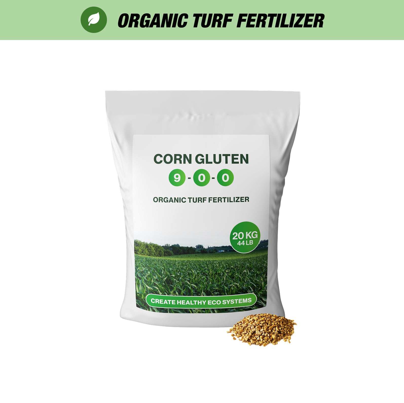 20 kg bag of Corn Gluten 9‑0‑0 organic turf fertilizer with small pile of golden granules, labeled “Organic Turf Fertilizer.