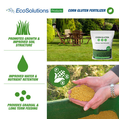 EcoSolutions Corn Gluten 9‑0‑0 fertilizer: growth, water retention, slow feeding; lawn and hand pouring granules.