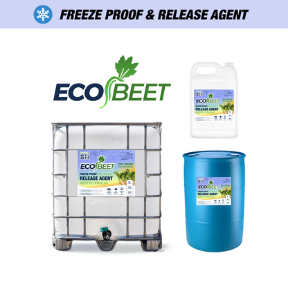 EcoBeet freeze‑proof release agent shown in three sizes: 1,000 L tote, 205 L blue drum, and 20 L jug—organic beet‑based formula.
