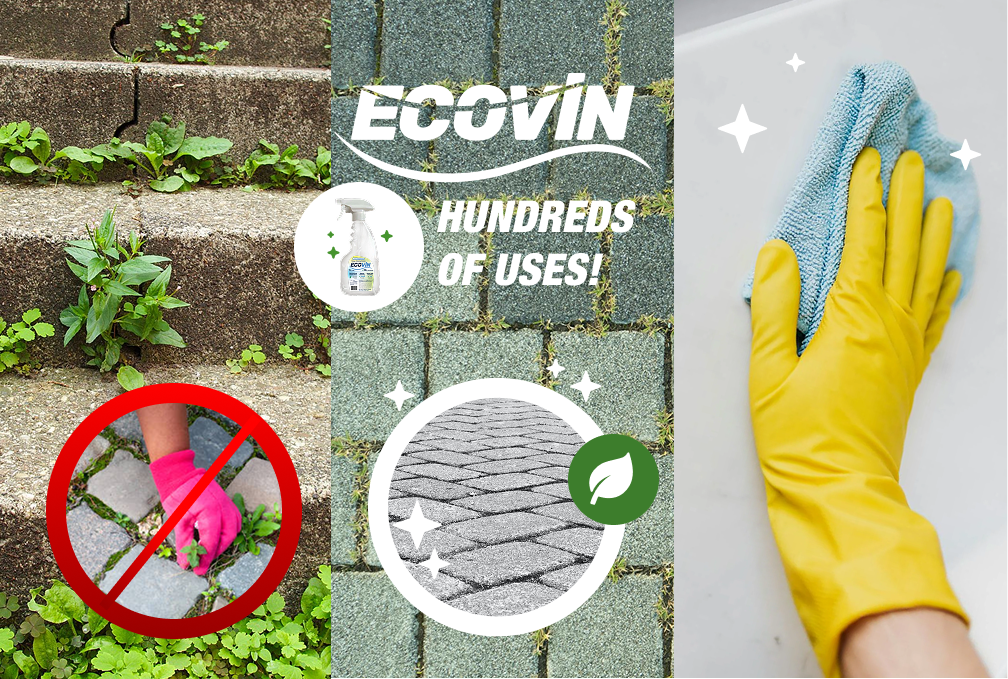 ECOVIN montage: no‑weeding symbol on stone steps, paver path cleanup, yellow‑gloved hand wiping surface—multipurpose vinegar cleaner.