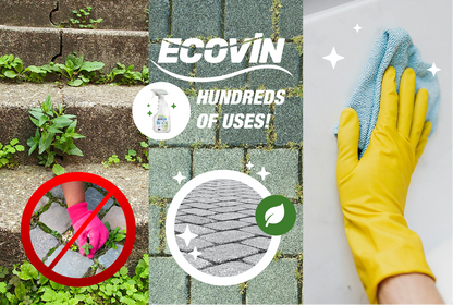 ECOVIN montage: no‑weeding symbol on stone steps, paver path cleanup, yellow‑gloved hand wiping surface—multipurpose vinegar cleaner.