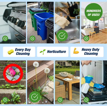 Grid of EcoVin 20 % vinegar uses: cleaning grill, bins, sink, floor, oven and killing weeds on stone steps, deck and patio.