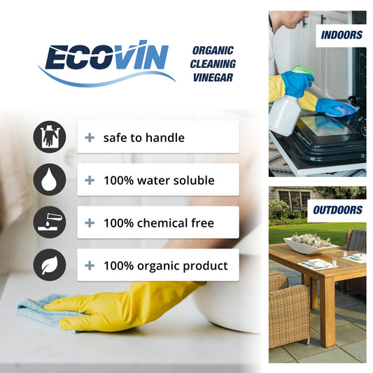 EcoVin organic cleaning vinegar graphic: safe to handle, 100 % water‑soluble, chemical‑free, organic; indoor oven and outdoor patio use.