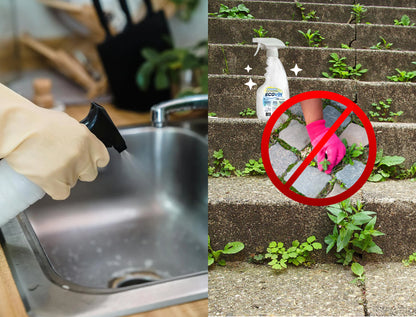 EcoVin spray cleans kitchen sink and eliminates weeds on stone steps—no hand weeding needed, multipurpose 20 % vinegar.