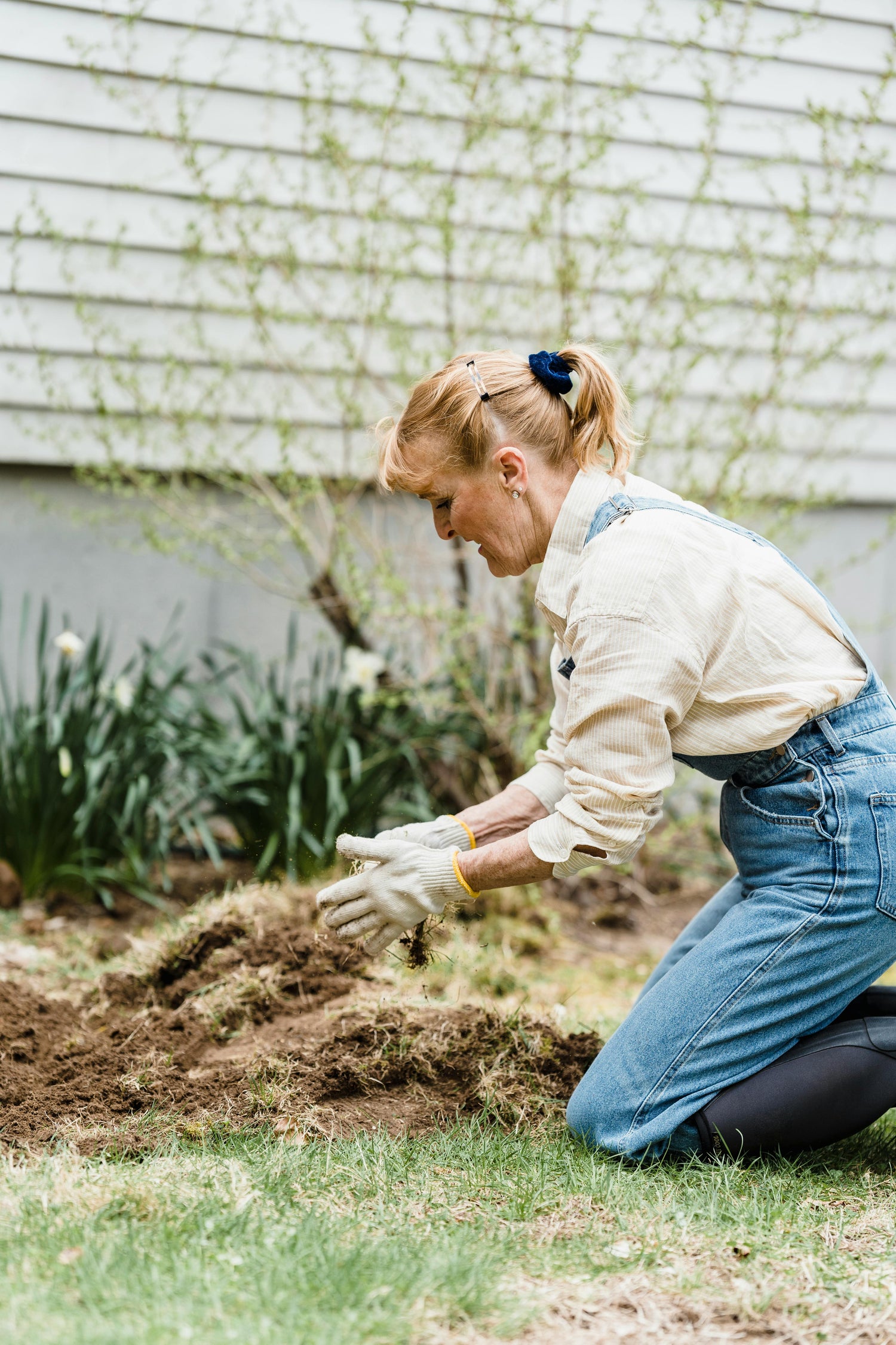 Woman in overalls kneels on lawn, pulling up dead grass and thatch by hand while renovating a yard near garden bed.